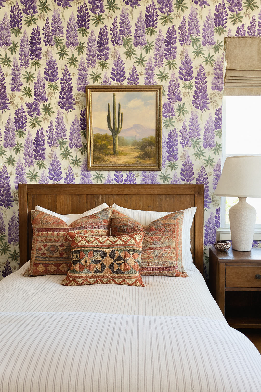 Lupine Lore wallpaper with purple floral pattern on an off-white background.