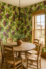 Grapevine wallpaper with green leaves and purple fruit, patterned with bunches and vines.
