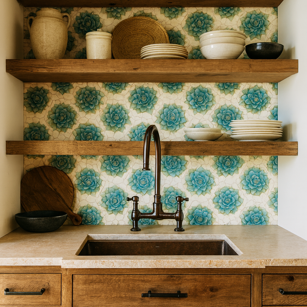 Succulent geometry wallpaper with a blue floral pattern, covering the wall behind wooden shelves and a bronze faucet.
