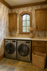 Patterned wallpaper with lavender floral sprigs, set in a traditional laundry room with wooden trim.