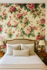 Floral Blush Bloom Ballet Wallpaper with peonies by Wallshoppe, covering the wall behind a made-up bed.
