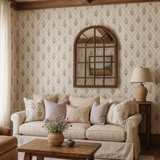 Lavender lattice whimsy wallpaper with diamond pattern and floral sprigs, covering a vintage-styled room.