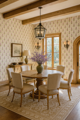 Lavender lattice whimsy wallpaper with a floral motif on a cream-colored background.
