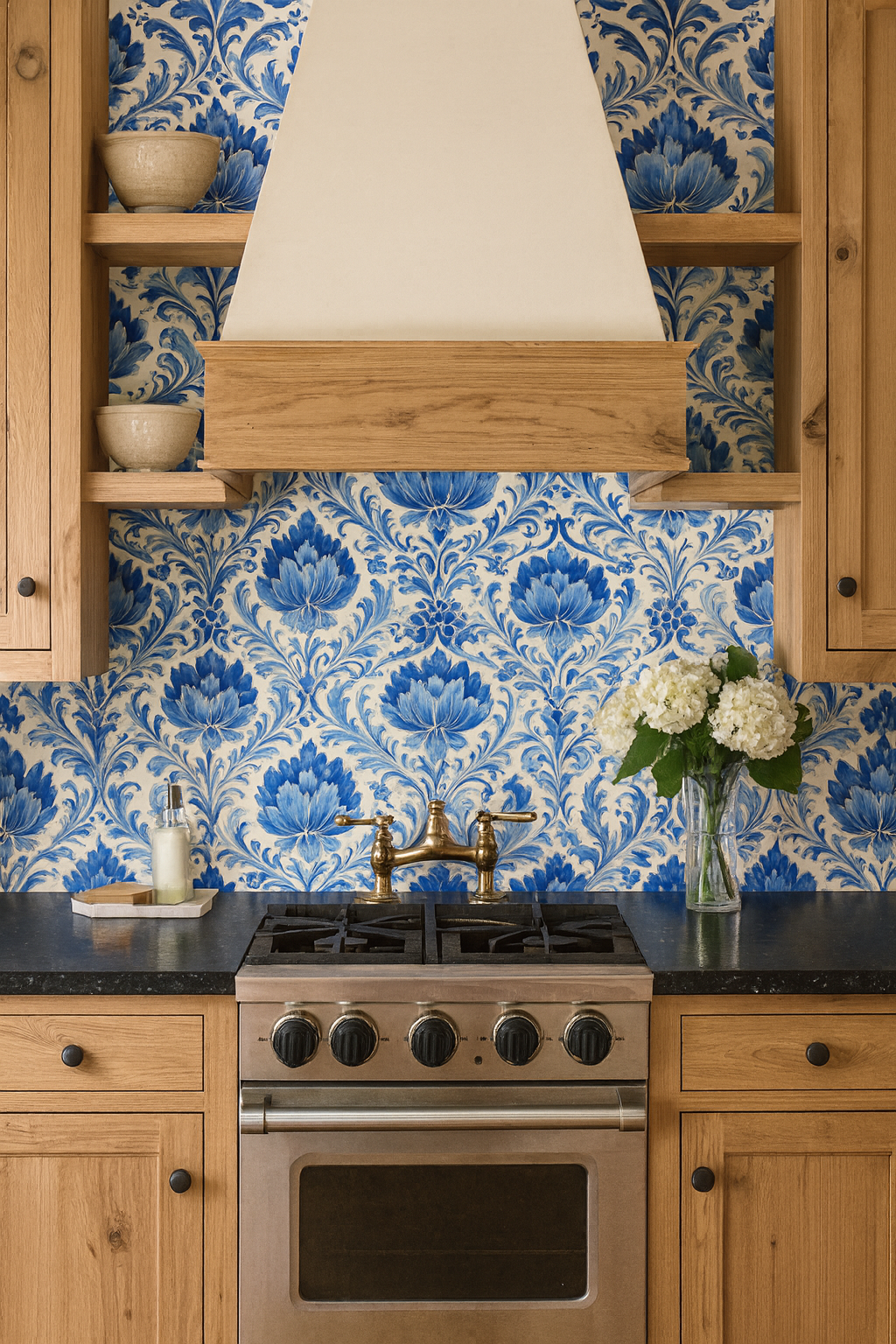 Blue Delft Garden Wallpaper with a floral motif, against a kitchen backsplash and cabinetry.
