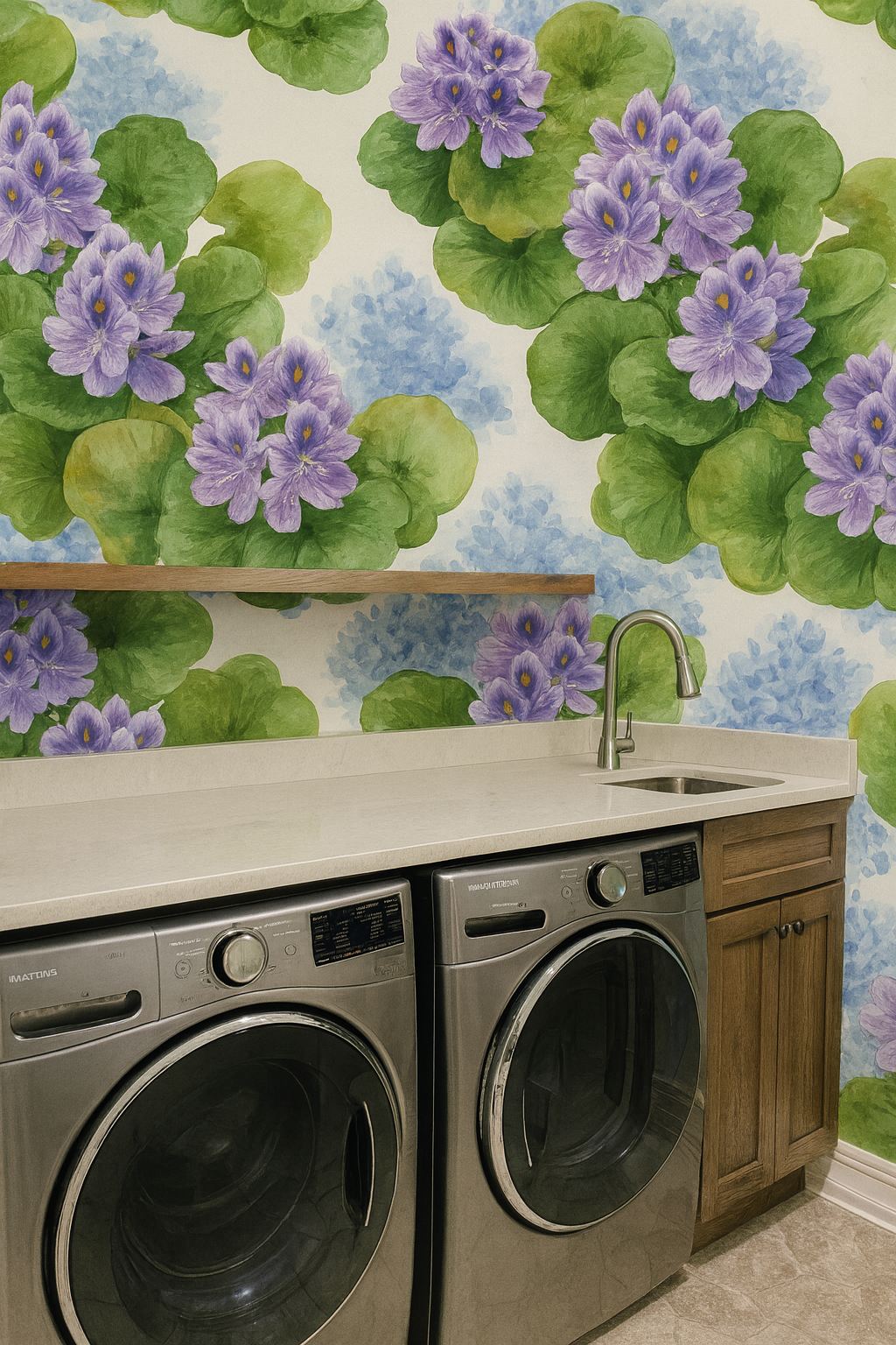 Floral wallpaper featuring purple hyacinths and blue hydrangeas among green leaves.