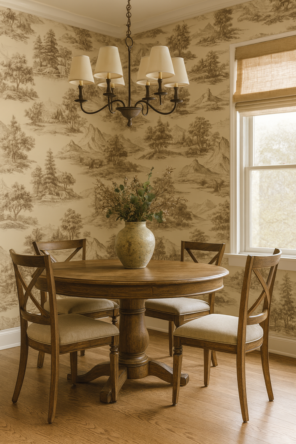Toile Terrain Wallpaper with landscape pattern and trees, covering an entire room.

