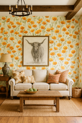 Poppy wallpaper in citrus bloom pattern, a floral wall covering featuring yellow flowers.
