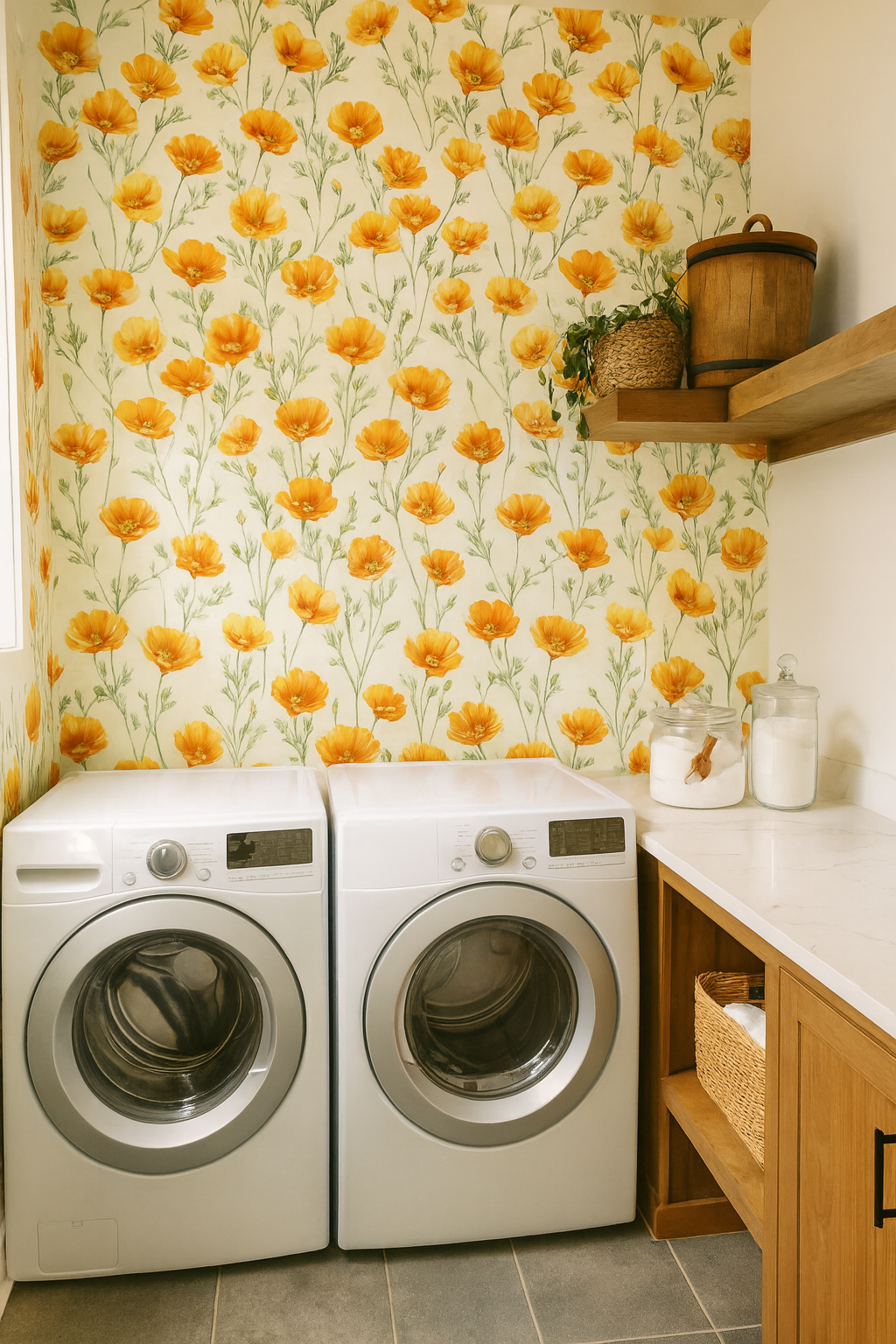 Poppy Parade in Citrus Bloom wallpaper featuring orange poppy flowers and green foliage.
