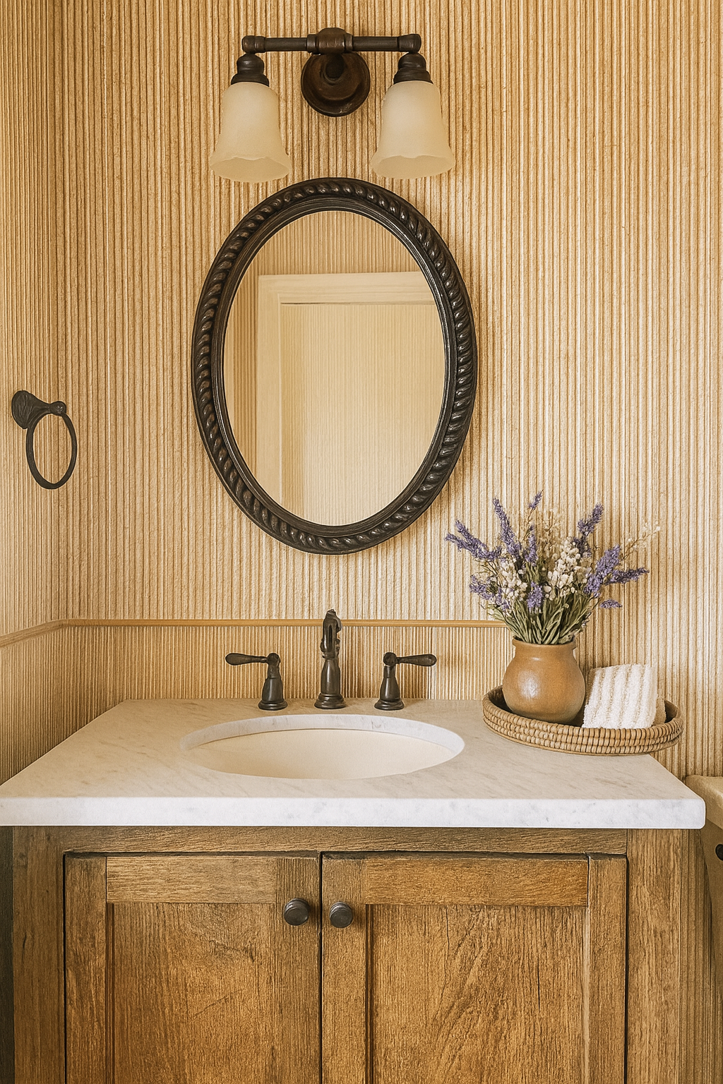 Tan Bamboo Rhythm Wallpaper with vertical stripes, textured surface, and warm neutral tones.
