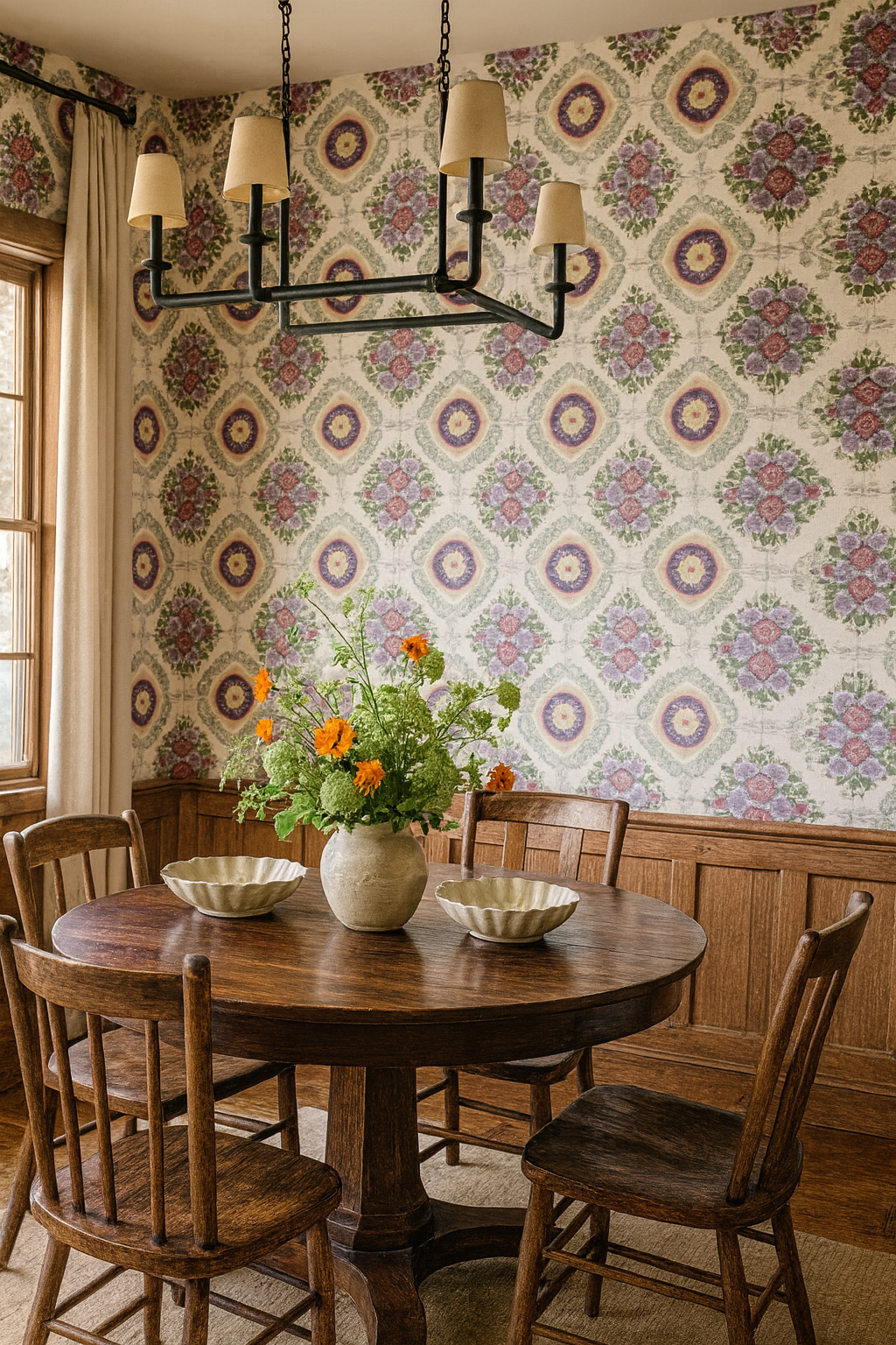 Floral pattern Stitch & Rosette Revival Wallpaper with diamond arrangement, set in a traditional-style dining room.