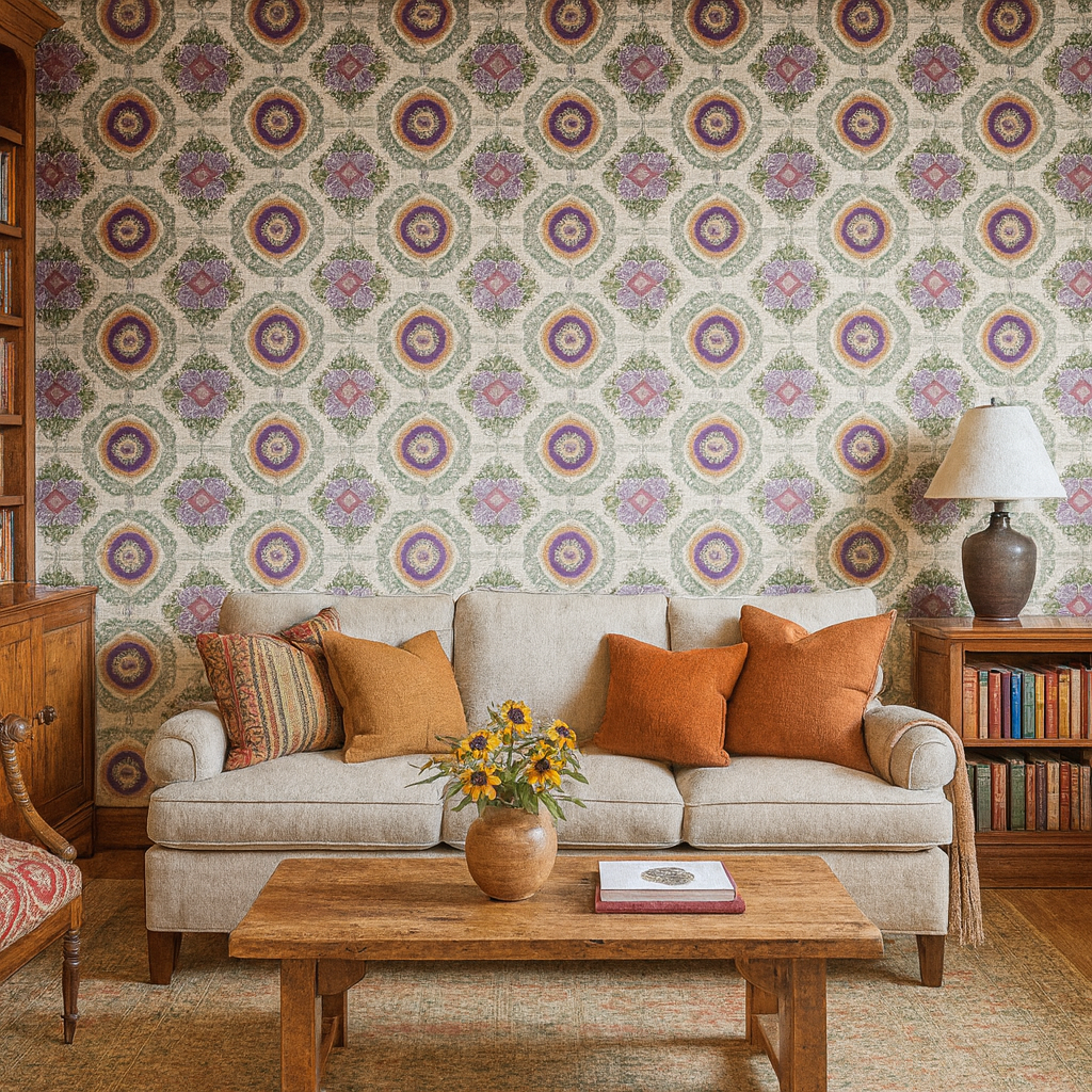 Patterned wallpaper by Stitch & Rosette featuring purple, orange, and green floral medallions on a textured background.