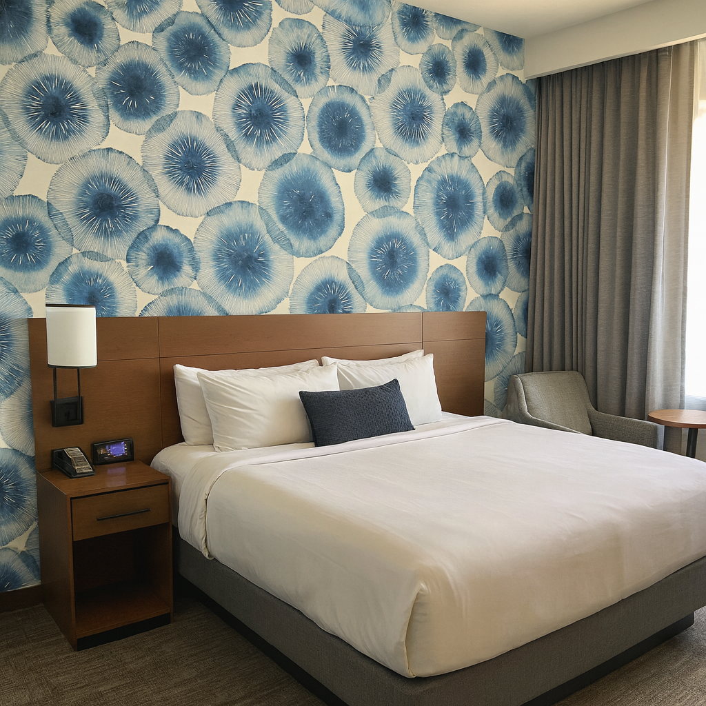 Indigo Fungi Bloom Wallpaper with a repeated watercolor-style floral pattern.
