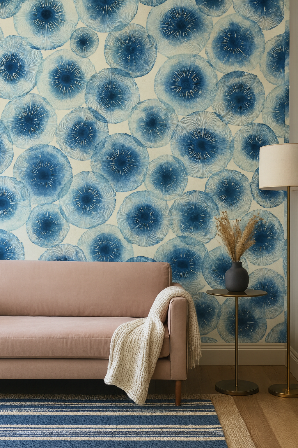 Indigo fungi bloom wallpaper with blue bloom pattern on a cream background.