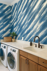 Storm Strokes Wallpaper with blue and white pattern, decorative wall covering.
