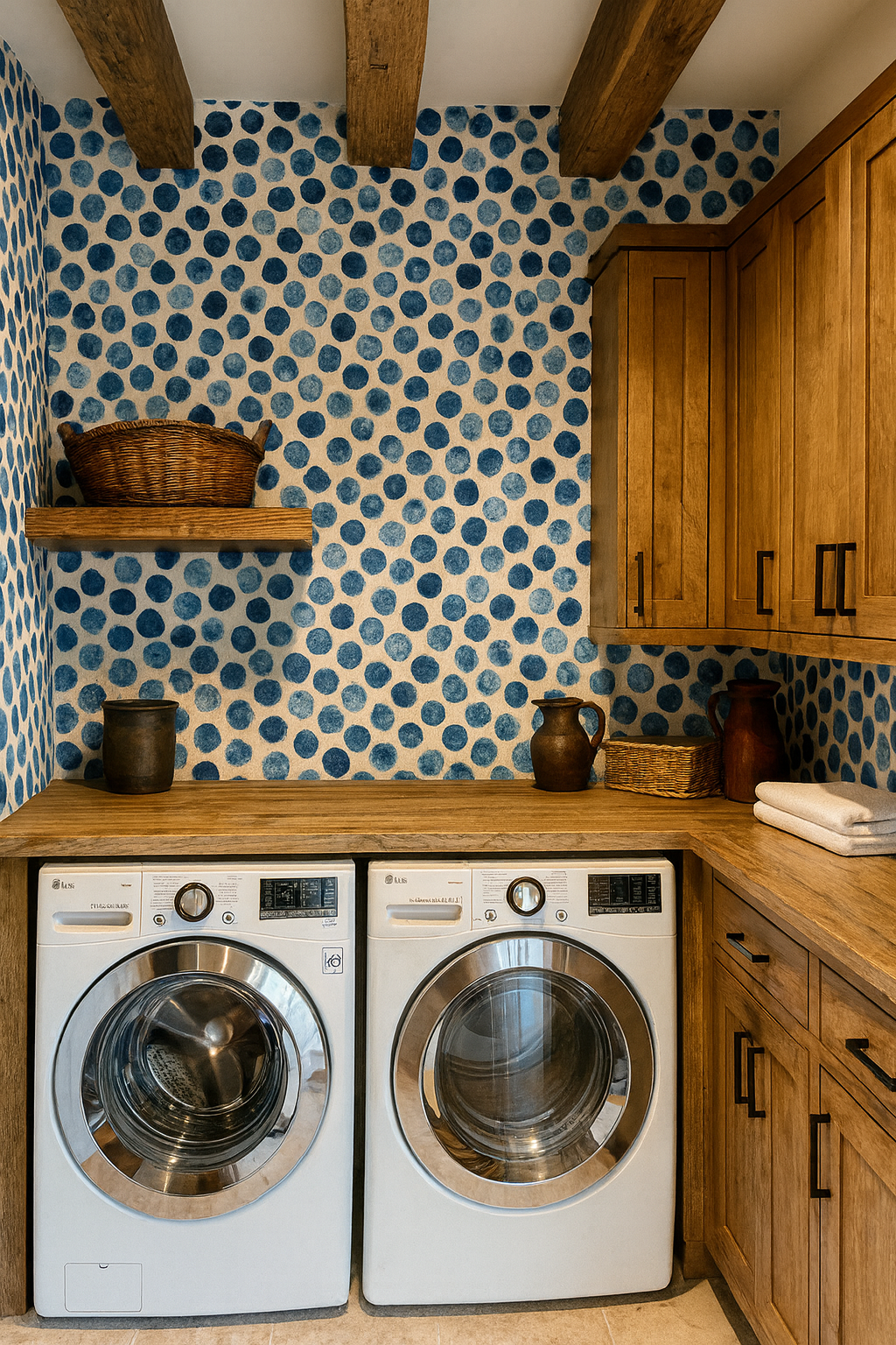 Bubbled Ink Wallpaper with blue watercolor dots, against a beige background pattern.