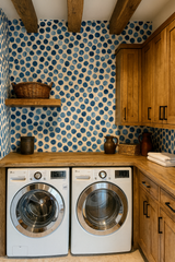 Bubbled Ink Wallpaper with blue watercolor dots, against a beige background pattern.