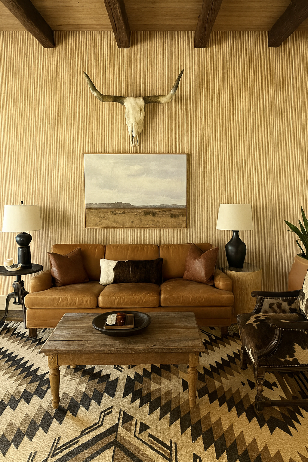 Textured bamboo wallpaper with a vertical striped pattern, underneath wooden ceiling beams and a cow skull.