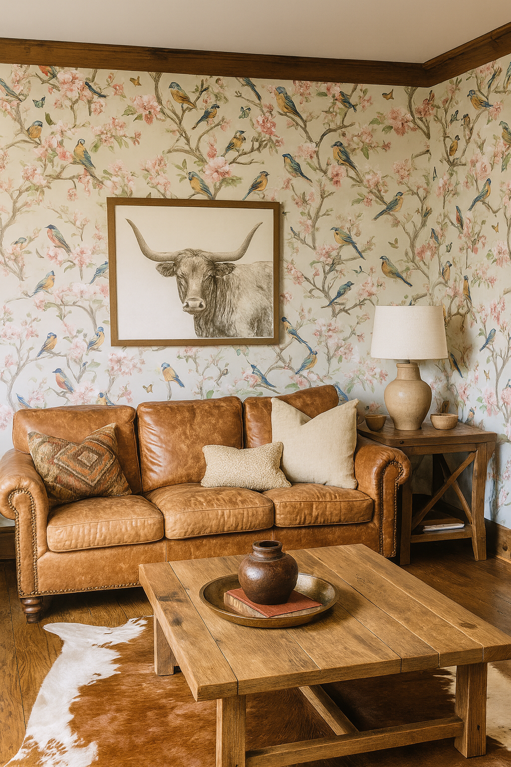 Birdsong Sonata Wallpaper with birds and floral pattern, on a wall with light brown trim.