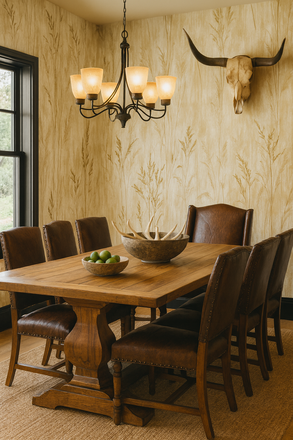 Golden Swayfield Wallpaper with a wheat pattern on the dining room wall.