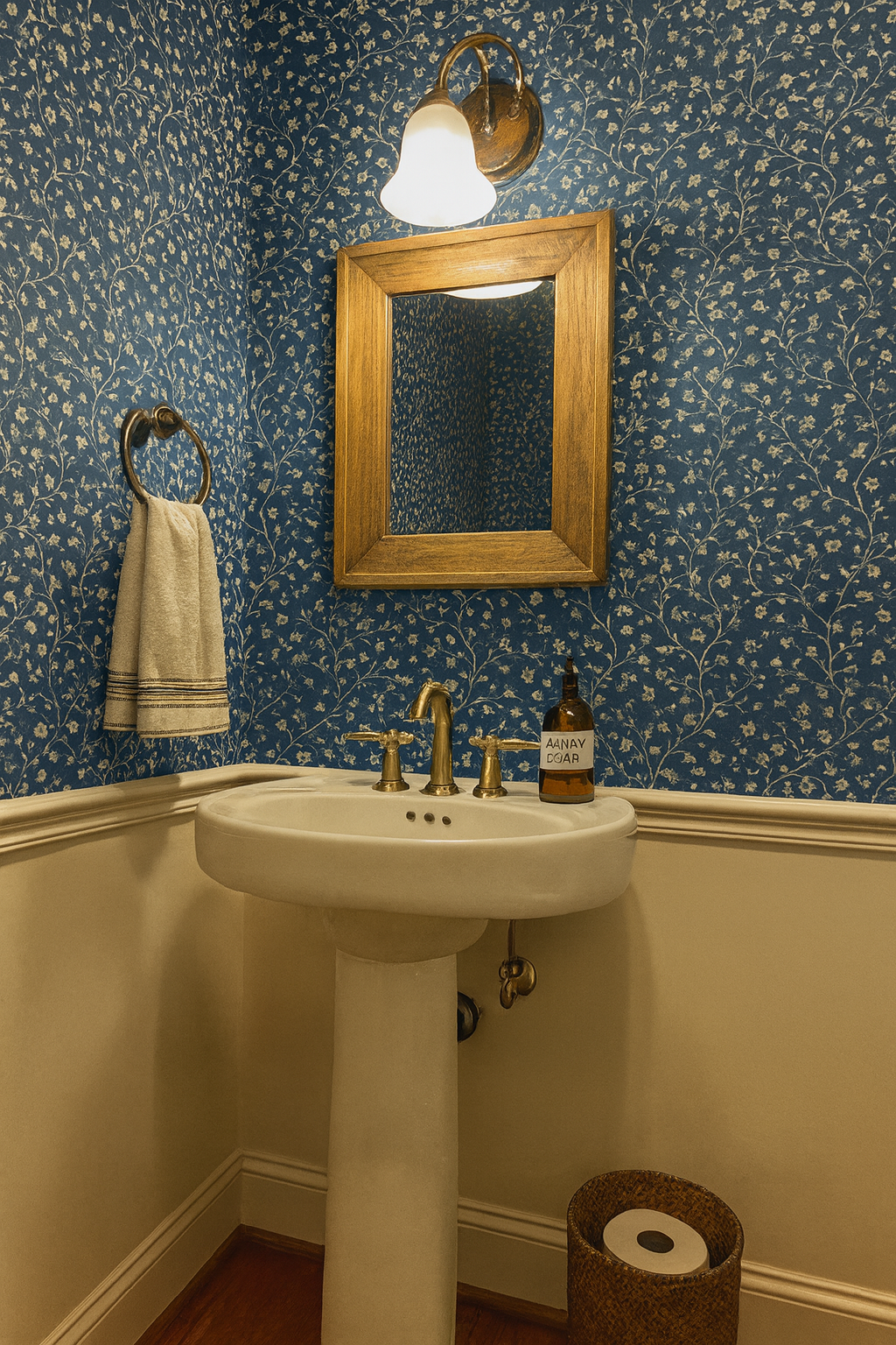 Blue floral wallpaper from Inkwash Brambletrail, covering the walls above white wainscoting in a bathroom with gold fixtures.
