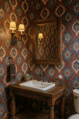 Tapestry style wallpaper with a damask pattern, featuring garnet, gold, and blue tones.