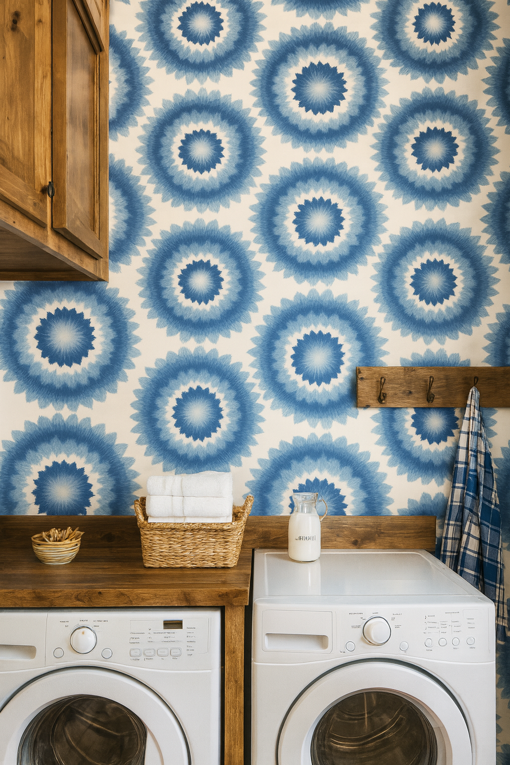 Sunburst Echo Wallpaper with blue floral pattern on a white background.