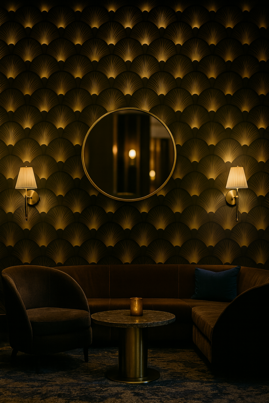 Golden Gatsby Fan Wallpaper with a golden fan pattern, against a dark background, covering the wall.