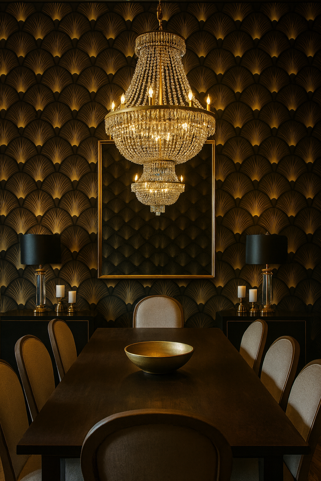 Golden fan wallpaper with art deco pattern, plus chandelier and dark wood dining table.