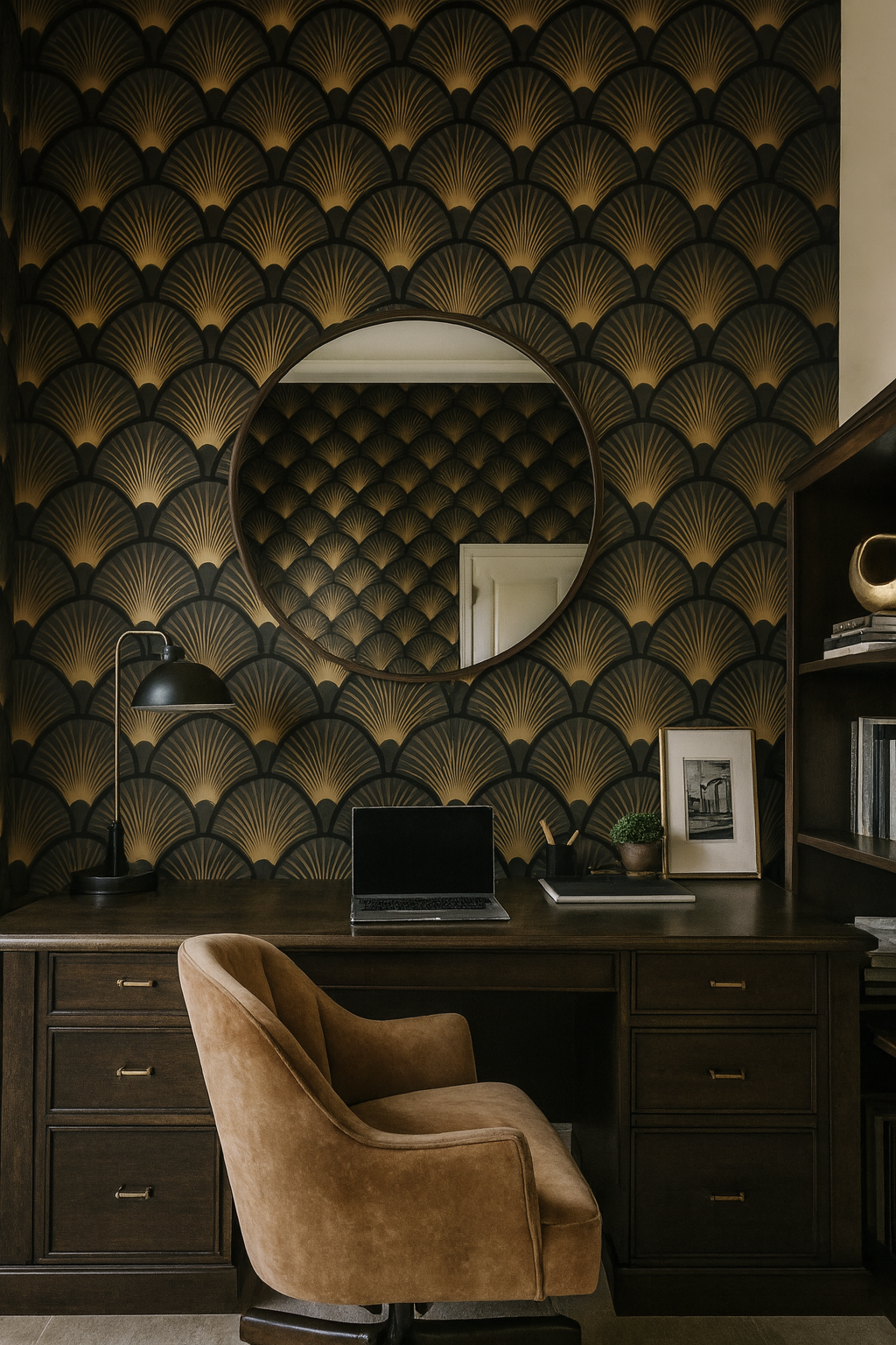 Golden Gatsby Fan Wallpaper with gold and black fan pattern, decorating a home office.
