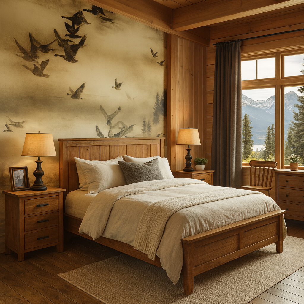 Goose and haze wallpaper with a flock of geese, over a bedroom setting.

