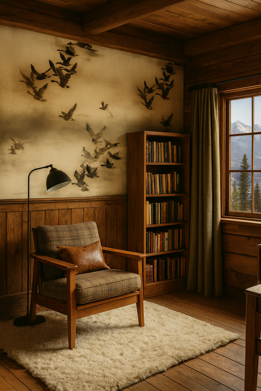 Goose and Haze wallpaper with flying geese motif and faux painted background texture.
