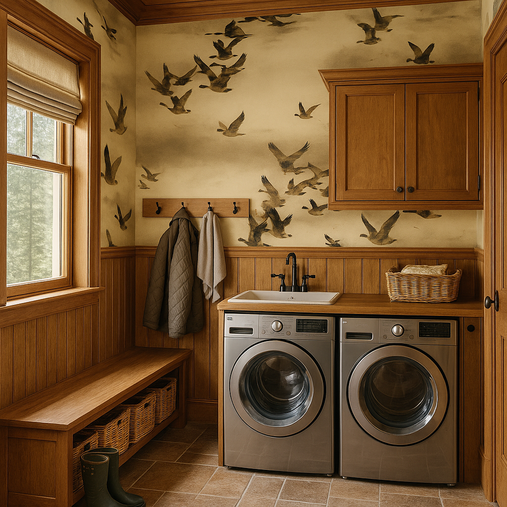 Goose and haze wallpaper with a bird pattern, covering the laundry room walls.