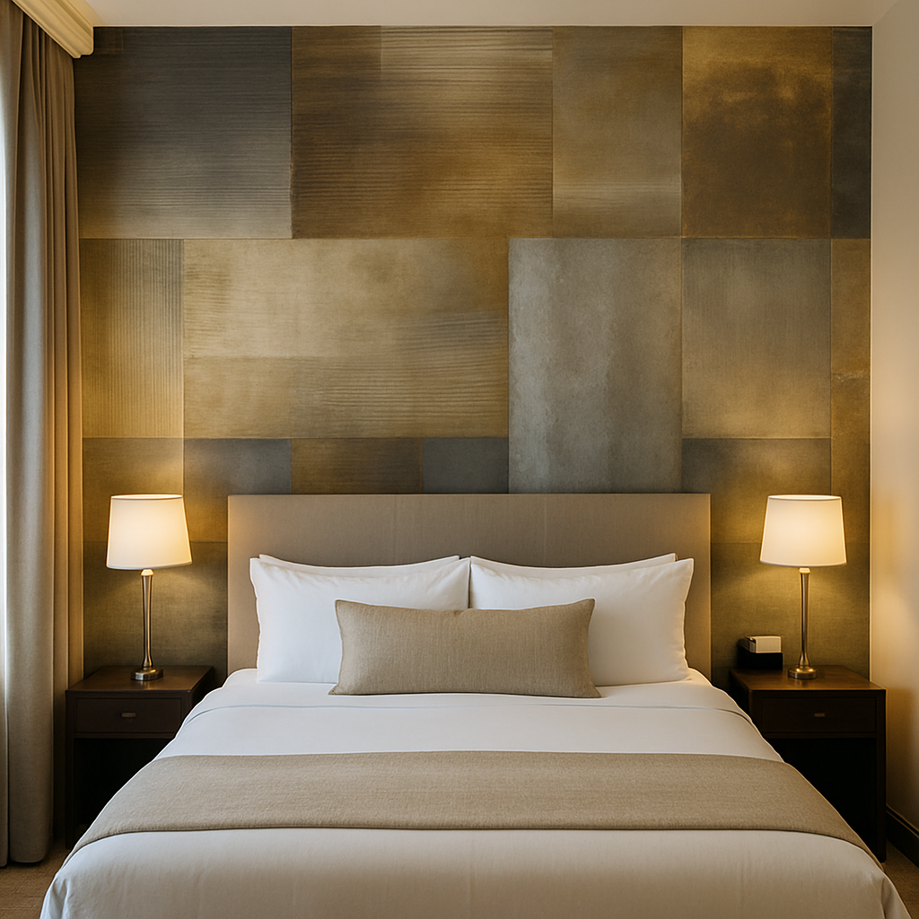 Oxide block wallpaper featuring a modern geometric pattern, with metallic gold and grey hues.
