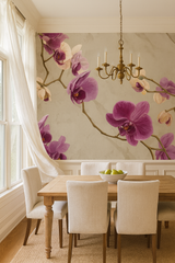 Orchid blossom wallpaper with purple and beige flowers on an aged gray background.
