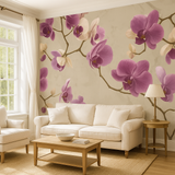 Orchid blossom wallpaper with purple floral pattern on a beige background.
