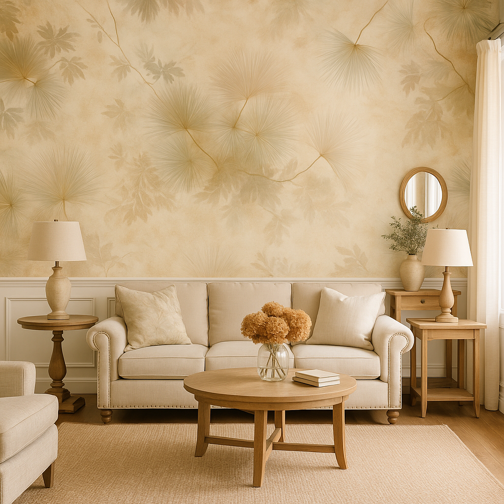 Palmetto Veil wallpaper featuring a light color palette with leaf and frond patterns.
