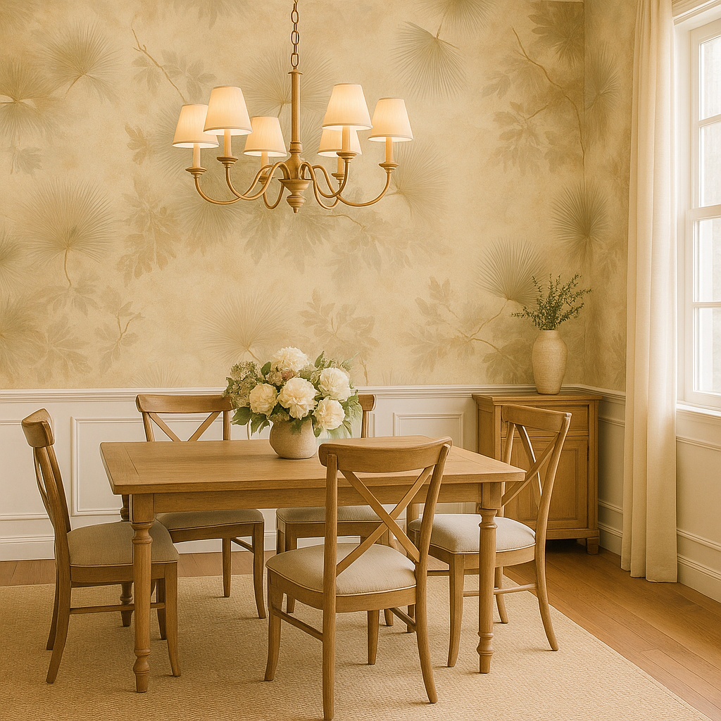 Palmetto Veil wallpaper with a leafy design and palm accents, covering the entire wall.