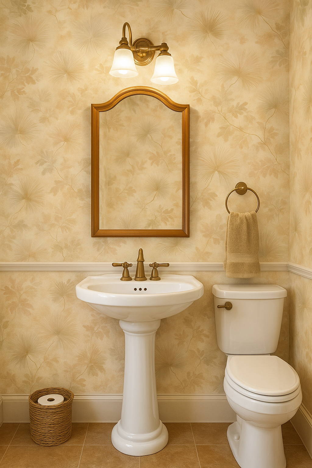 Tan Palmetto Veil Wallpaper with leafy and floral pattern detailing.
