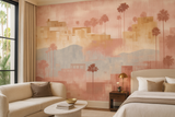 Desert Mirage Wallpaper with landscape design from Brewster Wallcovering featuring palm trees and building silhouettes.
