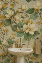 Magnolia linework wallpaper with floral pattern on a bathroom wall.
