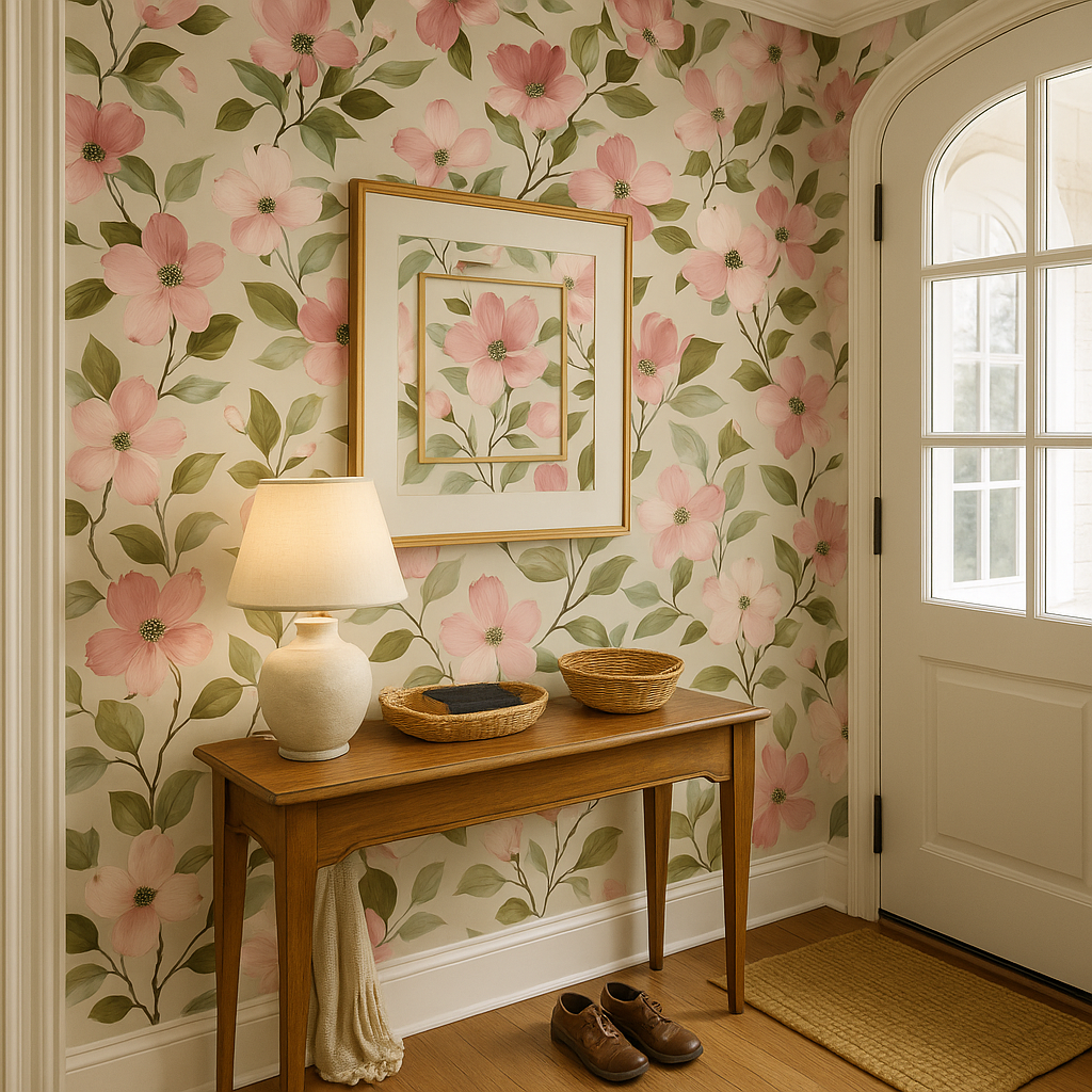 Dogwood Simplicity Wallpaper with pink floral pattern on light background.