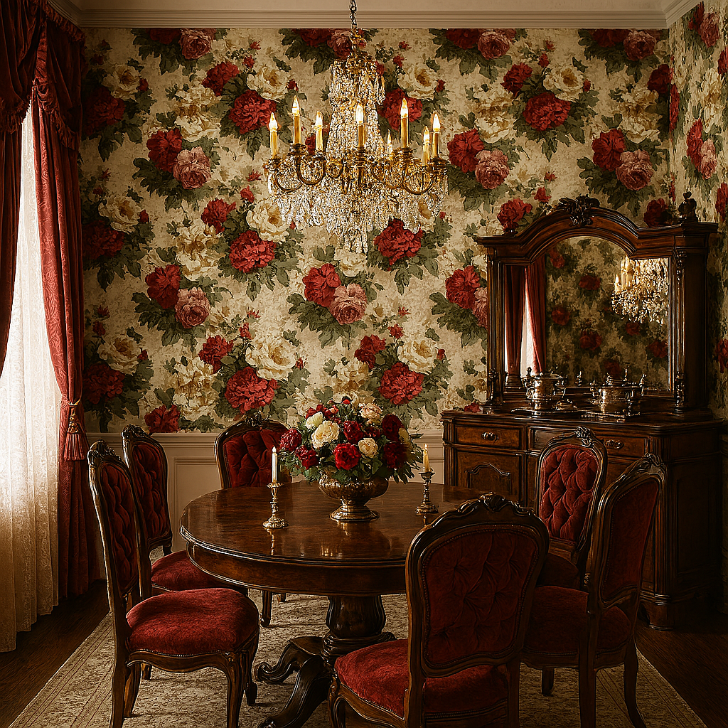 Floral English Rose Tangle Wallpaper with red and cream roses, with a vintage pattern and elegant aesthetic.