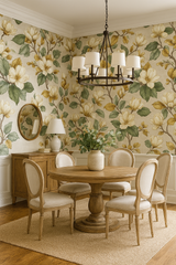 Floral Magnolia Linework Wallpaper featuring a leafy pattern, displayed in a staged dining room.
