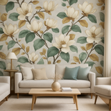 Magnolia Linework Wallpaper with floral pattern and botanical leaf design.
