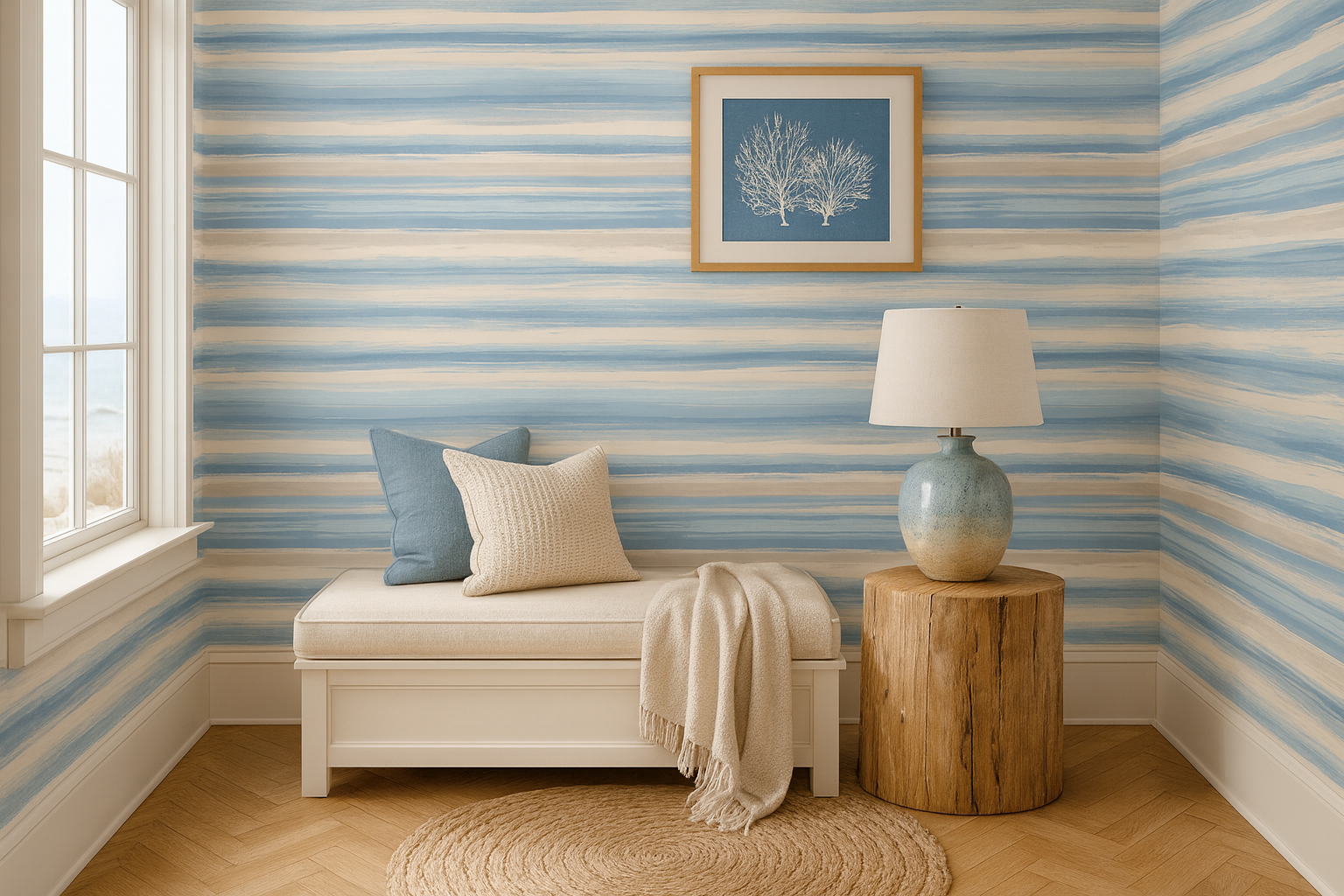 Faded stroke wallpaper with blue and beige hues, featuring a painted pattern on the walls.
