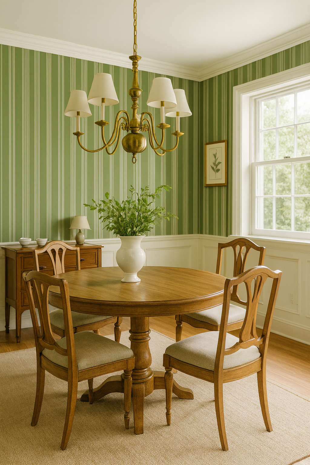 Green and white striped wallpaper with a vertical pattern, as background for dining room interior.
