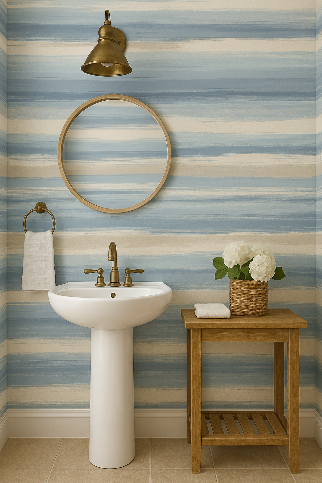 Faded stroke wallpaper with horizontal blue and beige pattern.