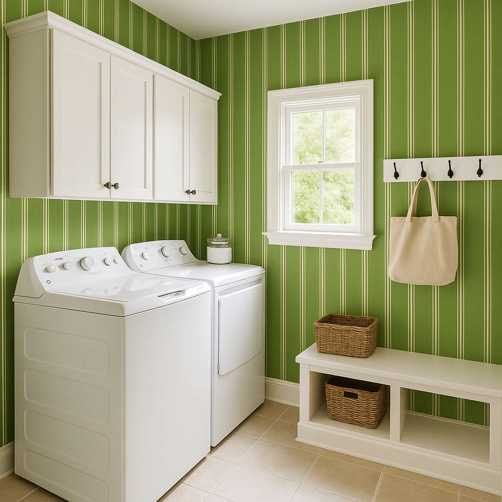 Green striped Clubhouse Stripe Wallpaper with white accent lines.
