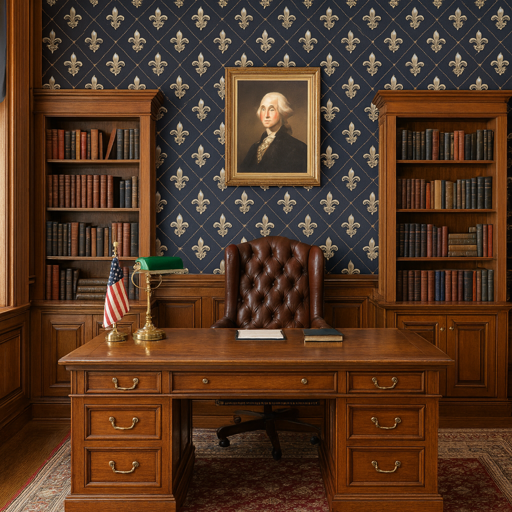 Patterned tapestry hall wallpaper with fleur-de-lis design on dark blue background.