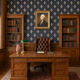 Patterned tapestry hall wallpaper with fleur-de-lis design on dark blue background.